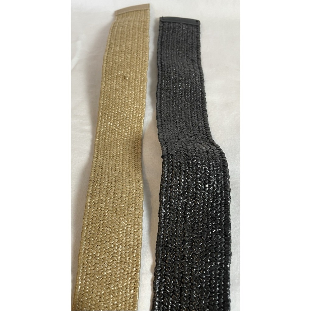 Lot Of 2 Woven Stretch Wide Belt Women's M/32 Black Beige Wooden Buckle Boho - Picture 7 of 7